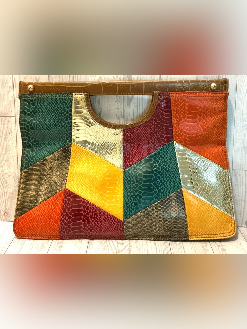 Nine West Multicolor Faux Snake Print Patchwork Clutch with Gold Accents - Picture 2 of 12